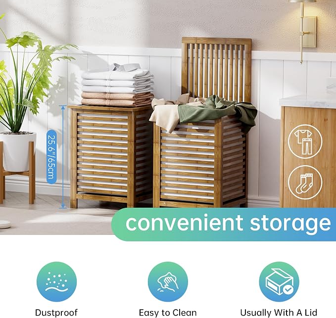 SMIBUY Double Laundry Hamper with Lid, 120L Bamboo Laundry Basket with Removable Liner Bag, 2-Section Clothes Divider Laundry Sorter for Laundry Room, Bathroom, Bedroom (Walnut) - Image 6