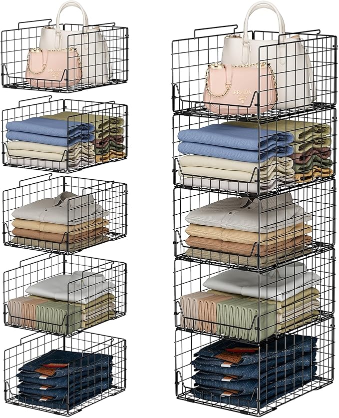 Jakyitvi 5-Tier Stackable Closet Organizer Shelf – Foldable Metal Storage Bins for Clothes, Sweaters & Towels | Stylish Black Wire Baskets for Bedroom, Wardrobe, Dorm or Entryway by Jakyitvi
