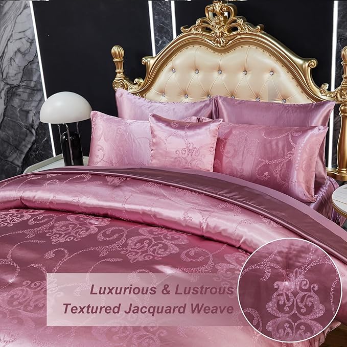 Elegant Jacquard King Comforter Set Satin Sheet Set Pink Bedding Set 8 Pcs Vintage Neoclassical Floral Bed Home Decor Soft Down Comforter Luxury Hotel Silky Bed in a Bag with 1 Cushion Cover