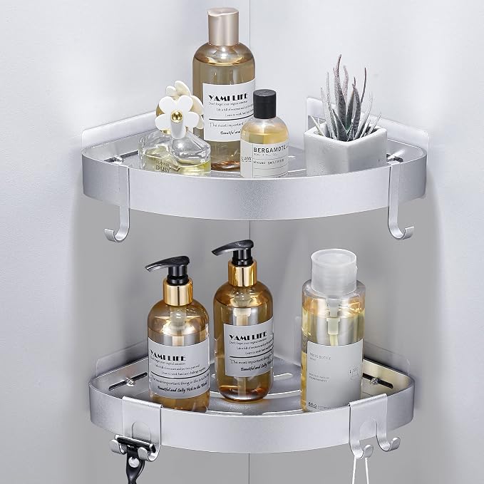 DUFU Adhesive Corner Shower Caddy with Hooks,Bathroom Shower Organizer, No Drilling Rust Proof Aluminum Shower Shelf for Inside Shower 2 Pack (Silver) by DUFU