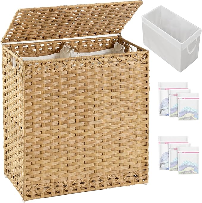 SETVSON Laundry Hamper with Lid Wicker Laundry Basket 112 L (29.6 Gal) Laundry Hampers Handwoven Rattan Clothes Hamper with Handles 3 Removable Liner Bag, 6 Mesh Bags for Bathroom Bedroom Natural by SETVSON