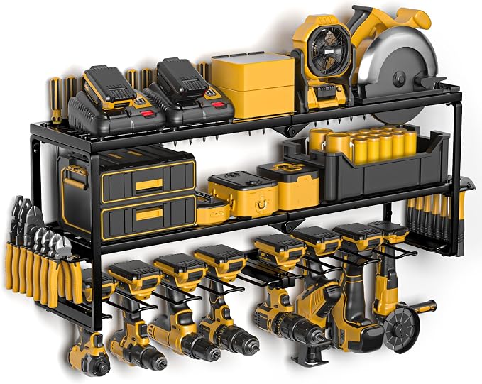 Spampur Power Tool Organizer Wall Mount, 15 Min Assembly & Maximum 100lb load by Heavy Duty Metal, 8 Drill Holder, 3 Layers Garage organization and Storage Rack, Tool Shelf With Battery Holder by Spampur