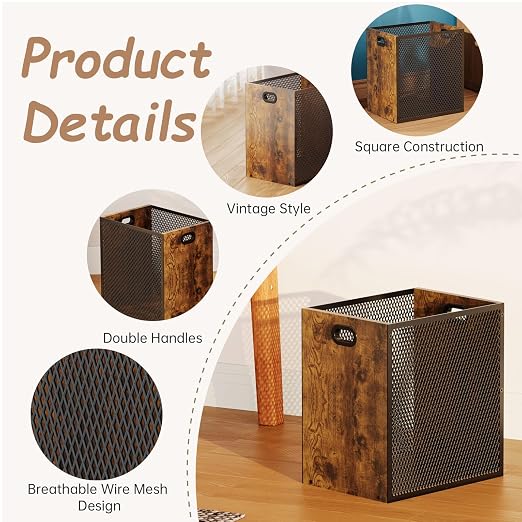 Huxitocan Retro Office Trash Can, Iron and Wood Combination Bedroom Garbage Can, Rectangular Design Wastebasket with Handle, Industrial Style Trash Can for Home Office, 4.5 Gallon (Patent Pending) - Image 6