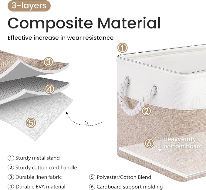 Large Storage Baskets- 15x11x10 inch Storage Bins for Shelves and Closet Organizing, Foldable Fabric Bin for Home Organization Clothes and Laundry (1-Pack, White&Khaki) - Image 2