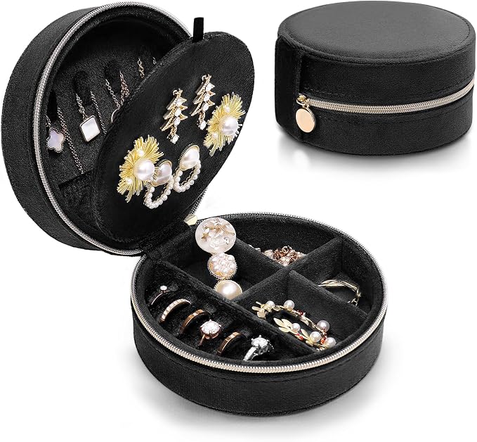 CONBOLA Travel Jewelry Case Small Jewelry Box for Women Girls,Round Velvet Jewelry Travel Organizer,Portable Jewelry Box for Rings Earrings Necklaces Bracelets.(Black,Large) by CONBOLA