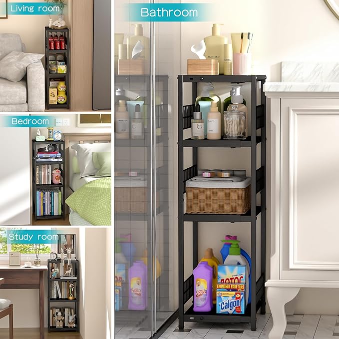 DAOUTIME Expandable Slim Storage Shelf, 4 Tier Metal Shelving Unit for Bathroom Storage Organizer, Freestanding Narrow Shelf for Small Spaces, Open Floor Shelves for Bathroom, Laundry Room, Kitchen - Image 7