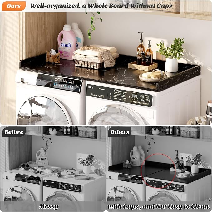 Aheaplus Washer and Dryer Countertop, Laundry Room Organization with Non-Slip Pads, Wood Shelf Topper with Round Corner Edge Rails, Folding Organizer for Laundry, 54" W x 27.5" D, Black Marble - Image 2