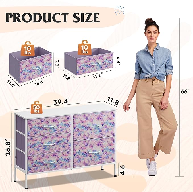 WLIVE Dresser for Bedroom with 5 Drawers, Wide Chest of Drawers for Bedroom, Fabric Dresser for Living Room, Closet, Hallway, Tie-dye Print (Pink, Purple, Blue)