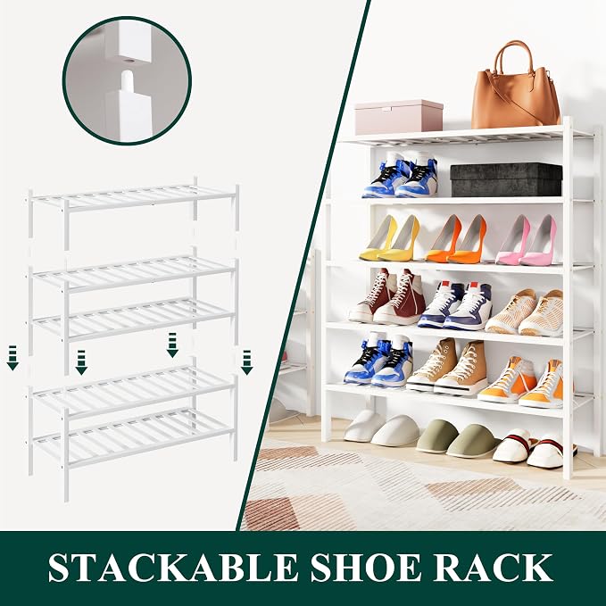 Smiry Shoe Rack, 3 Tier Small Bamboo Shoe Organizer, Stackable Free Standing Wooden Shoe Storage Shelf for Closet, Entryway, Front Door Entrance, White - Image 4