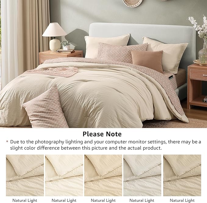 Monbix Full Size Comforter Set - 7 Pieces Oatmeal Prewashed Bed in a Bag Full Bedding Sets with Comforters, All Seasons Ultra Soft Comforter Bed Set with Sheets,Pillowcases & Shams
