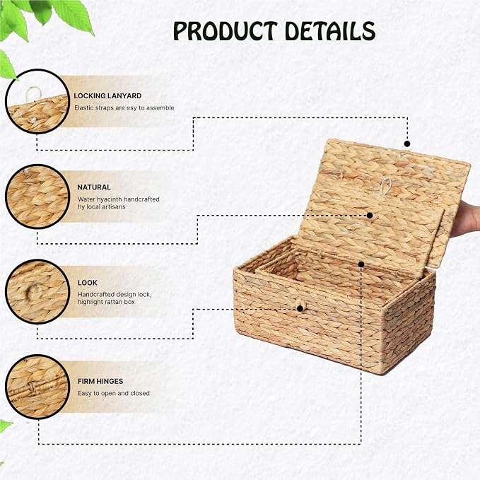 LUSYDECO Set of 2 Rectangular Wicker Storage Bins with Lid, Rattan Basket Decorative Boxes, Multipurpose Organizer Display Boxes for Shelf Organizer, Boho Rattan Box for Home Decoration - Image 4
