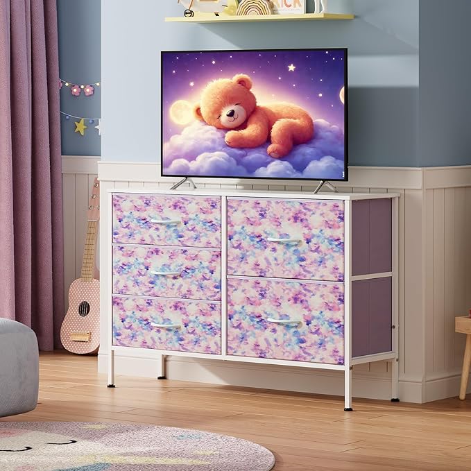 WLIVE Dresser for Bedroom with 5 Drawers, Wide Chest of Drawers for Bedroom, Fabric Dresser for Living Room, Closet, Hallway, Tie-dye Print (Pink, Purple, Blue)