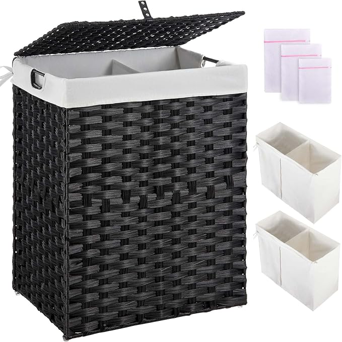 Greenstell Laundry Hamper with 2 Removable Liner Bags, Foldable Divided Clothes Hamper, 90L Handwoven Synthetic Rattan Laundry Basket with Lid and Handles, Easy to Install Black 18.3x13.3x24 Inches by Greenstell