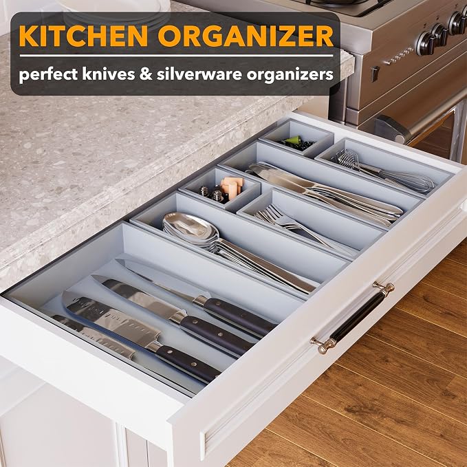 SpaceAid 7-Piece Bamboo Drawer Organizer Storage Boxes Set, Wood Tray Junk Drawer Organizers Multi-Use Divider Bins for Kitchen, Bathroom, Office Desk and Makeup Organization (7 Pack, Gray) - Image 4