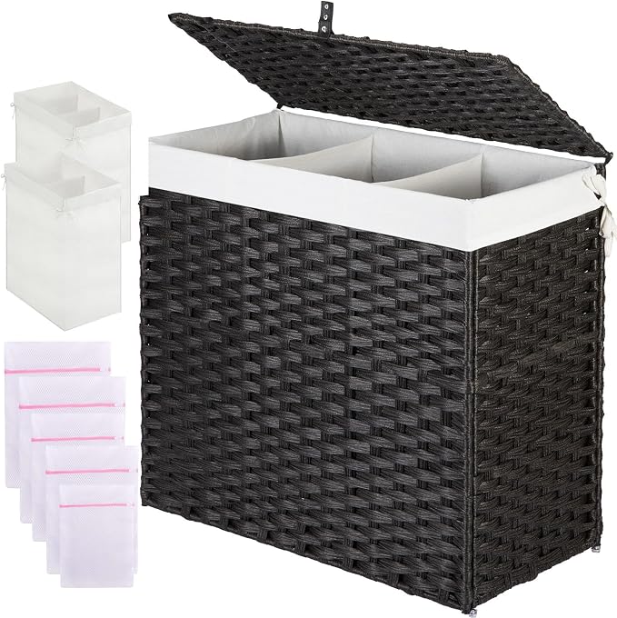 Greenstell Laundry Hamper with Lid, 125L Wicker Laundry Baskets with 2 Removable Liner Bags & 5 Mesh Laundry Bags, Handwoven Rattan Clothes Hamper with Handles for Clothes in Bathroom, Bedroom by Greenstell