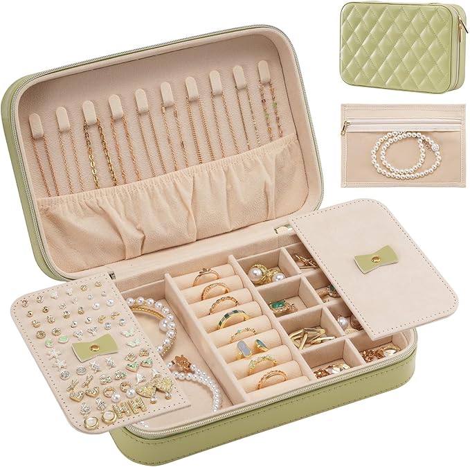 Lolalet Travel Jewelry Case for Women Girls, Travel Jewelry Organizer Box with Mirror & Clear Storage Bag, Small Portable Earring Necklace Bracelet Ring Case, Birthday Valentine Gifts -Medium, Green by Lolalet