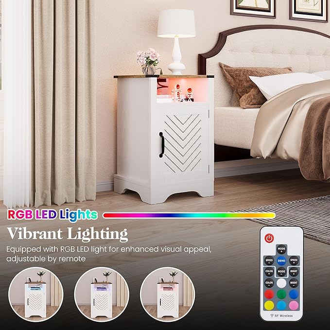 RoyalCraft 25" Tall LED Nightstands with Charging Station, Farmhouse Nightstand for Bedroom, Wooden Rustic Side Table, White End Table with Storage, White and Rustic Oak