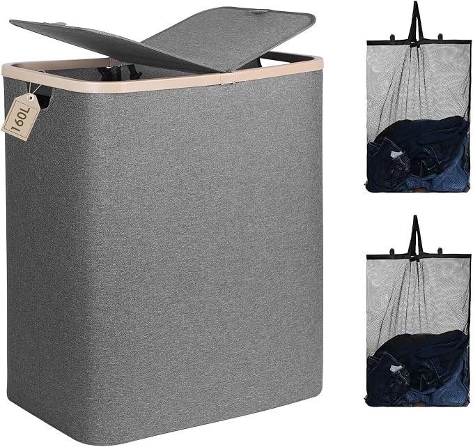 DOKEHOM 160L Double Laundry Basket with Removable Lid and Laundry Bags, Large Collapsible Laundry Hamper with 2 Sections (Dark Grey) by DOKEHOM