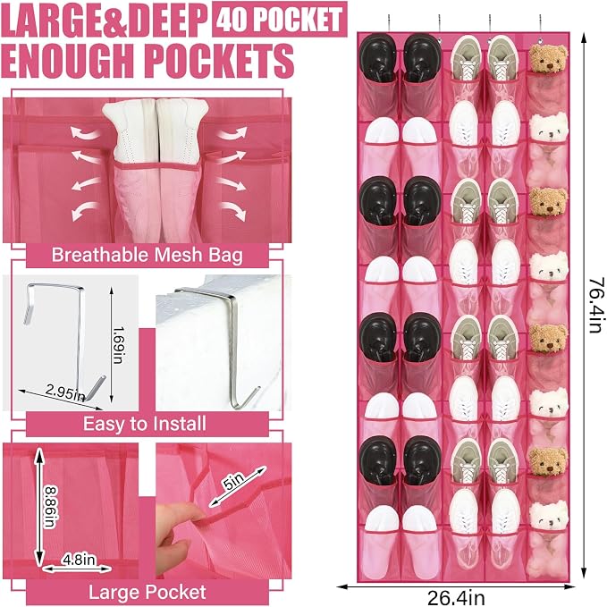 Windyun 40 Over the Door Shoe Organizer Large Mesh Pocket Hanging Shoe Rack for Closet Rose Red Nonslip Behind Door Storage Holder Back to School Organizer for Dorm Room College Classroom Storage - Image 2