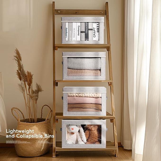 Homsorout Storage Boxes with Lids - 3 Pack Fabric Clear Window Storage Bins, Collapsible Storage Bins with Lids, Linen Closet Organizer for Clothes, Towel, Blanket, Light Grey - Image 5