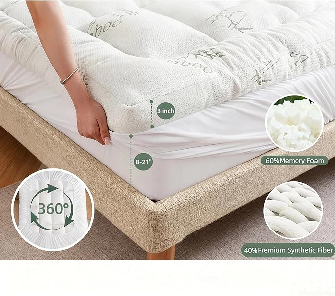 Bamboo Mattress Topper Queen Size with Deep Pocket 1700 GSM Fill Cooling Shredded Memory Foam Mattress Pad Rayon Derived from Bamboo, Ideal for Side Sleepers, Back Pain, Hot Sleepers