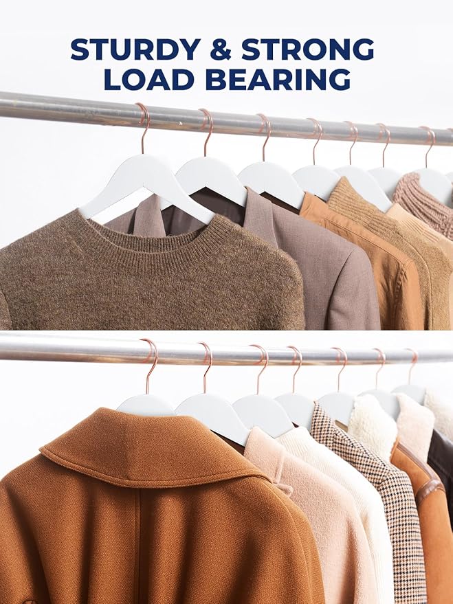Smartor White Wooden Hangers 20 Pack, Solid Wood Coat Hanger for Closet, Heavy Duty Wood Hangers for Suits, Shirts, Dresses, with 360° Rose Gold Hook, Non Slip Pant Bar - Image 6