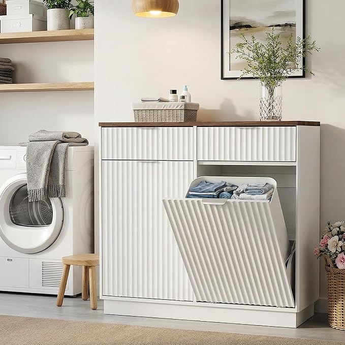 Double Tilt-Out Trash Cabinet, Laundry Hamper Cabinet with 2 Drawers, 39.4W x 34.3H x 13.8D inches, Walnut+White, Wave-Textured Front. - Image 7
