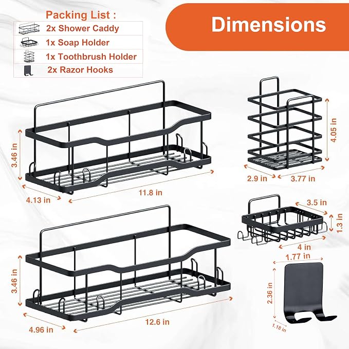 Shower Caddy Bathroom Shelves, The Athena Silken 4 Set, 40LB Capacity, Adhesive Tape No Drill - Rustproof -Gorgeous Powder Coated 304 Stainless Steel Shower Organizer for kitchen & Home Decor - Black - Image 2