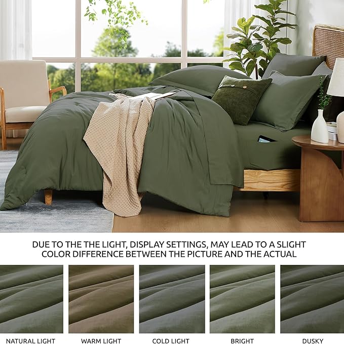 WRENSONGE Oversized Queen Comforter Set - 7 Pieces Olive Green Bed in a Bag Queen with Sheets, 2 Pillow Shams, and 2 Pillowcases- Warm Bedding Sets Queen for All Season
