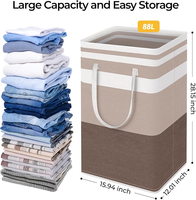 HomeHacks 2-Pack Large Laundry Basket, Waterproof, Freestanding Laundry Hamper, Collapsible Tall Clothes Hamper with Extended Handles for Clothes Toys in the Dorm and Family (Brown, 88L) - Image 4