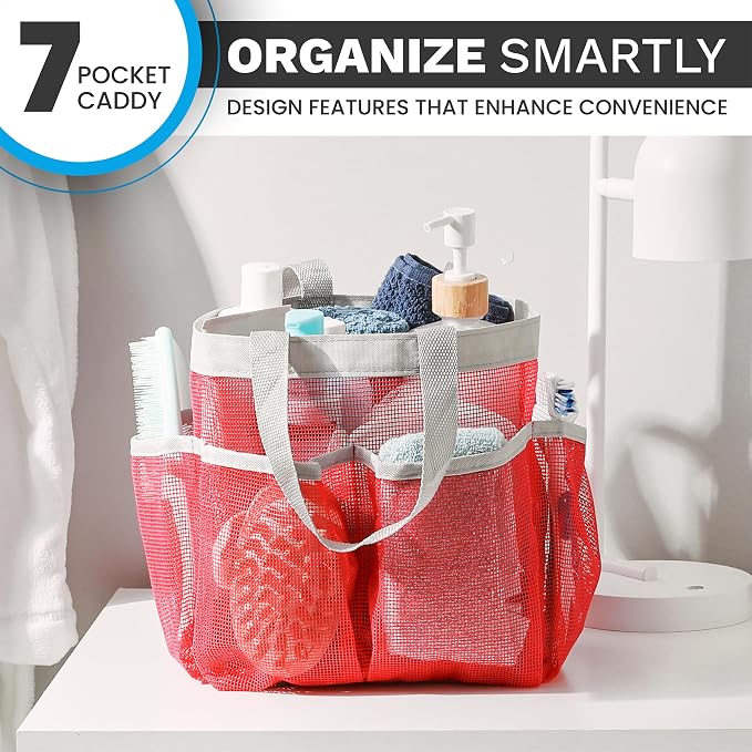 Handy Laundry Mesh Shower Caddy – 7 Pocket Portable Organizer Tote for Dorm, Gym, Travel & Bathroom – Quick Dry Collapsible Bag for College Essentials, Toiletries & Cleaning Supplies (Pink) - Image 5