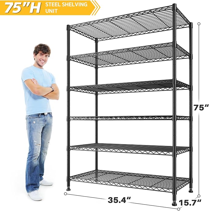 REIBII 75''H Storage Shelves Metal Shelving Unit, 6 Tier Wire Shelving for Pantry Shelves Adjustable 1200LBS Garage Shelving Heavy Duty Storage Rack for Kitchen Garage, 35.4''W*75''H*15.7" D - Image 3