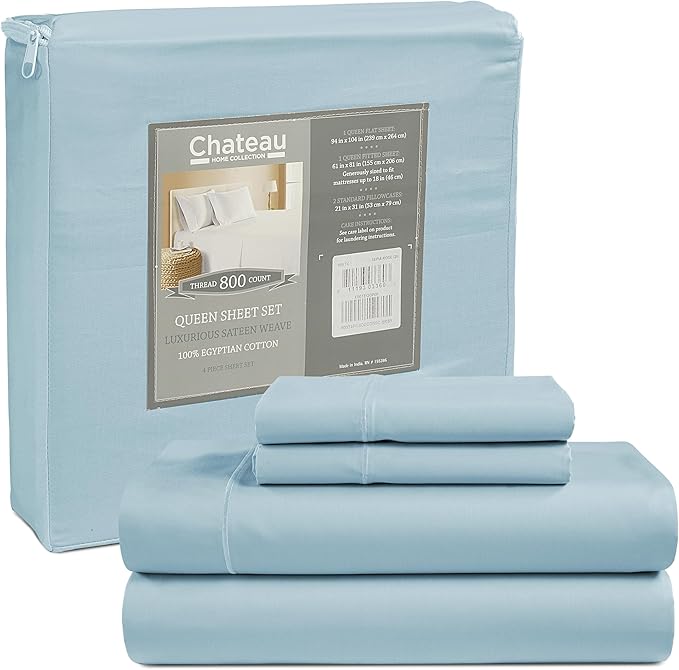 100% Egyptian Cotton Sheets California King Size, 800TC Breathable Bed Sheet Set, 15" Deep Pocket California King Sheets Cotton, Sateen Weave Luxury Hotel Collection No Pill & Shrink - Light Blue