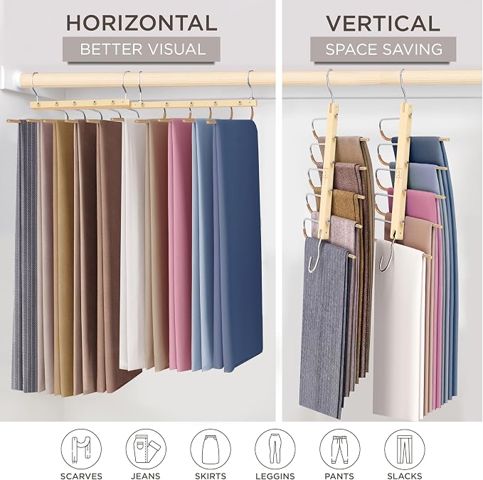 MORALVE Pants Hangers Space Saving - European Beechwood Scarf and Jean Hangers - Closet Organizer and Space Saver Pant Rack, Leggings Hanger, and Scarf Holder with 360° Swivel Hook (1 Pack) - Image 4