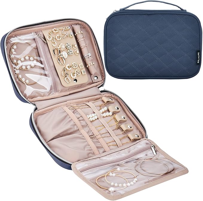 BELALIFE Travel Jewelry Organizer, Portable Jewelry Storage Case for Earrings, Rings, Necklaces, Bracelets, Blue-Gray by BELALIFE