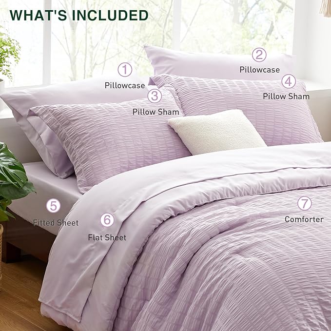 Love's cabin Seersucker Lavender California King Comforter Set, 7-Piece All Season Lightweight Bed in a Bag Bedding Set with Comforter, Flat Sheet, Fitted Sheet, Pillowcases and Shams | Soft, Breathable, Lightweight