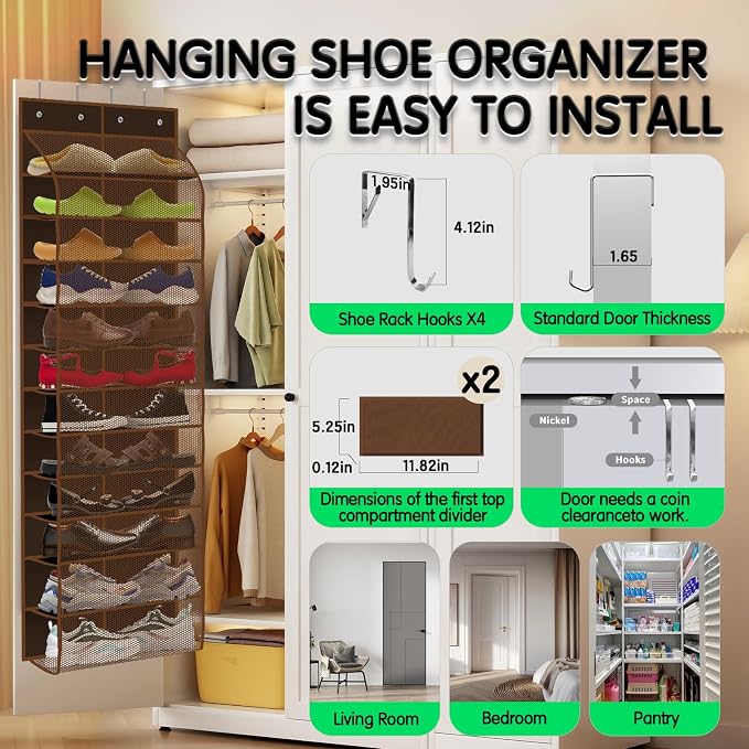 Kotkn Over The Door Shoe Organizer with 12 Large Breathable Pockets - Durable Hanging Storage for the Entire Family's Shoes (Espresso) - Image 4