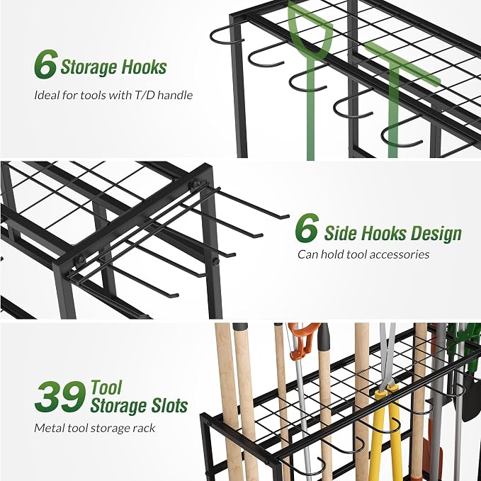 Sttoraboks Garden Tool Organizer Rack Up to 39 Tools, Heavy-Duty Steel Yard Tool Organizer for Garage Storage with 12 Hooks, Broom Holder & Garden Tool Rack for Shed, Patio, Outdoor Storage, Black - Image 6