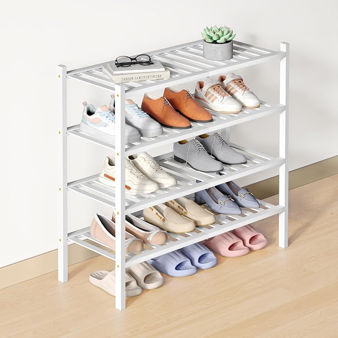 Smiry Bamboo Shoe Rack for Closet, 4 Tier Wooden Stackable Shoe Organizer, Free Standing Shoes Storage Shelf for Entryway, Front Door Entrance, White by Smiry