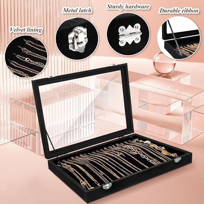 Yinkin 2 Pcs 100 Slots Ring Organizer Box with Transparent Glass Lid Necklace Display Tray Ring Case Velvet Jewelry Holder (Black) - Image 3