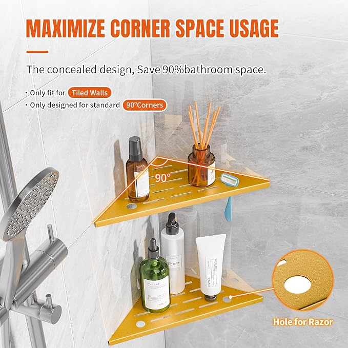 Shower Corner Shelf with Razor Hole,Modern Style Shower Caddy, Sturdy 304 Stainless Steel Shower Organizer,No Drilling Bathroom Corner Shelf for Tile Wall Gold 2 Pack-10 - Image 7