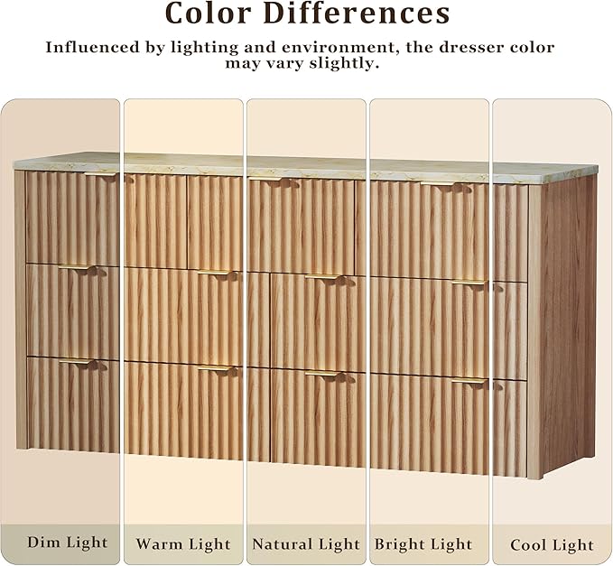 HUAHUU Fluted Dresser for Bedroom with 7 Drawers, 53" Wide Mid Century Modern Dressers with Faux Marble Top & Metal Handle, Wooden Chest of Drawers TV Stand, Natural Oak