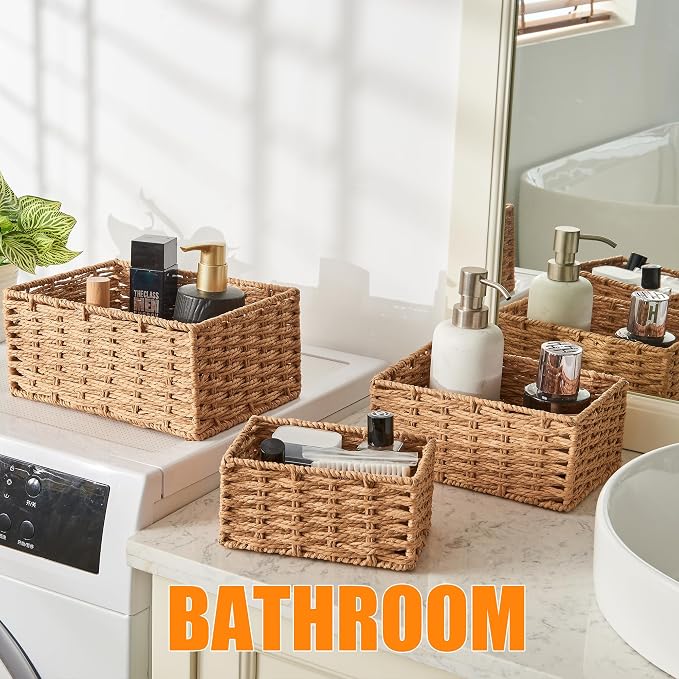 Small Wicker Basket for Organizing, Woven Storage Basket Set of 3 - Handwoven Natural Paper Rope Baskets to Declutter Any Room, Perfect for Organizing and Home Decor - Image 4