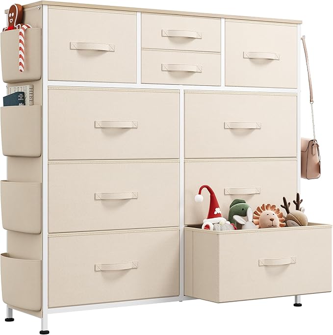 WLIVE Fabric Dresser for Bedroom with 10 Drawers, Chest of Drawers with Side Pockets and Hooks, Sturdy Metal Frame, Drawers Organizer Unit for Living Room, Hallway, Cream White