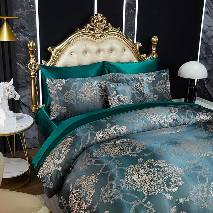 Green Jacquard Queen Comforter Set Sheet Set Elegant Bedding Set 8 Pcs Embroidery Neoclassical Floral Pattern Bed Home Decor Soft Down Comforter Luxury Hotel Silky Bed in a Bag with 1 Cushion Cover