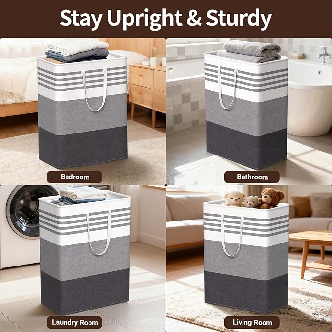 WOWBOX 2 Pack Laundry Baskets, Laundry Hampers, Freestanding Dirty Clothes Hampers with Reinforced Handles & Cross Stitch & Waterproof Coating, for Laundry Bedroom Bathroom Dorm,125L Grey - Image 6