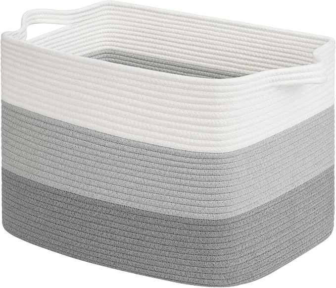 Goodpick Large Woven Basket, Rectangle Rope Storage Baskets for Organizing, Blanket Basket with Handles for Living Room, Nursery, Gradient Gray, 18 x 14 x 12 Inches by Goodpick