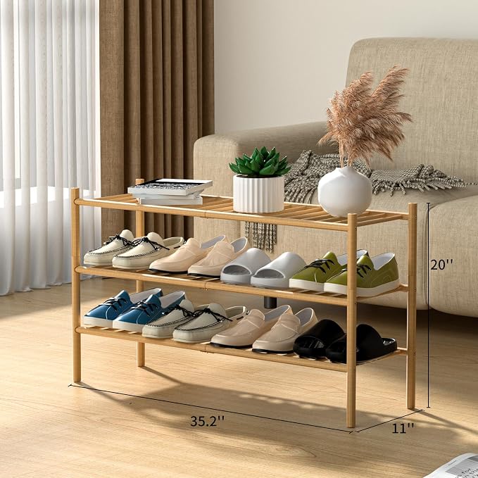 ROMGUAR CRAFT 3-Tier Bamboo Long Shoe Rack, Free Standing Wood Shoe Shelf Storage Organizer for Closet Entryway Stackable 35"x11"x20" (Natural) - Image 3