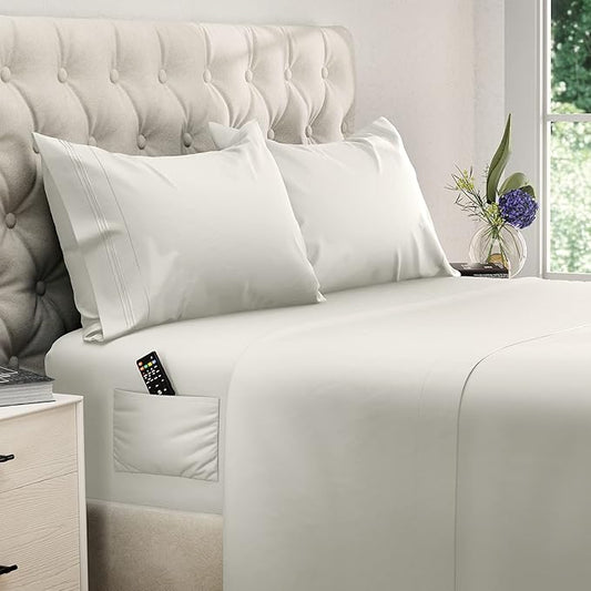 DREAMCARE Twin XL Sheet Sets - 4 pcs Breathable Cooling Bed Sheets - up to 15" Deep Pocket Twin XL Sheets Set with Side Pockets - Extra Soft 100% Brushed Hypoallergenic Hotel Luxury Bedding - Ivory