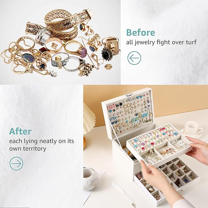 BOOVO Earring Jewelry Box For Women Girl Stud Organizer, 5 Layers Girl Jewelry Organizer Box With Lock Earring Holder Organizer Necklace Ring Jewelry Organizer Box For Girls (White, 5 layer) - Image 5
